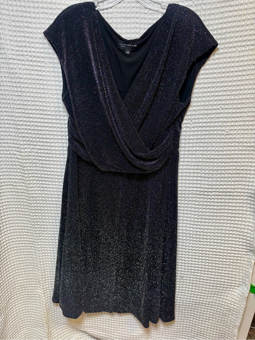 Jones New York Black Shimmer Draped Faux Wrap Midi Cocktail Dress- Size 16